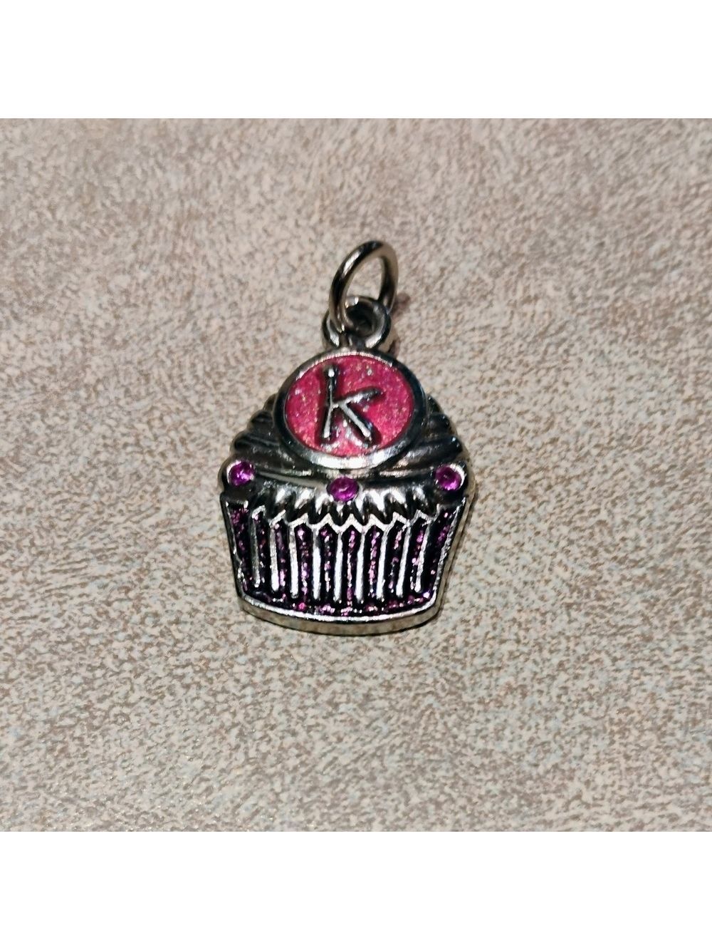 Harvey Lewis Stainless Steel Cupcake Charm with Pink Accents And the Letter K